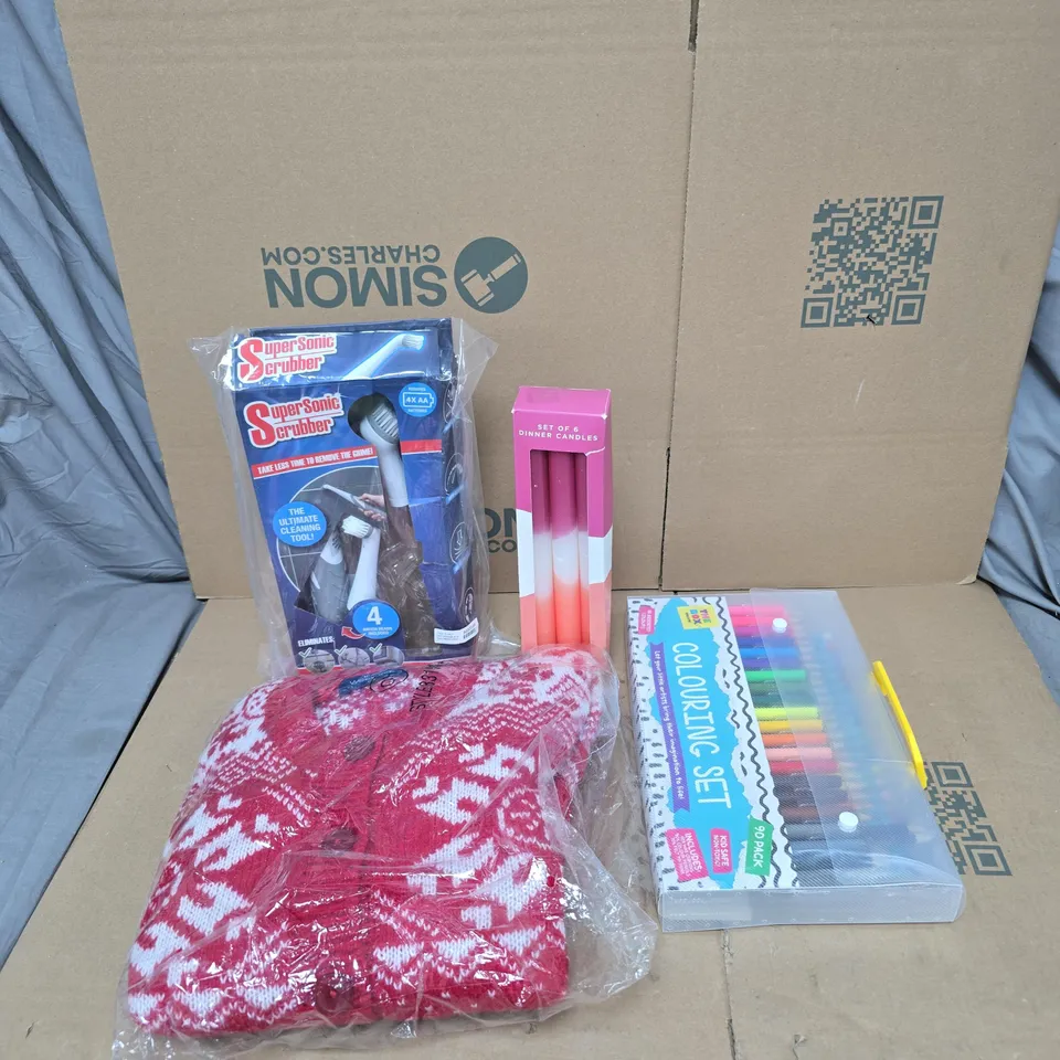 BOX OF APPROXIMATELY 20 ASSORTED HOUSEHOLD ITEMS TO INCLUDE CLOTHING, DINNER CANDLES, COLOURING SET, SUPER SONIC SCRUBBER ETC