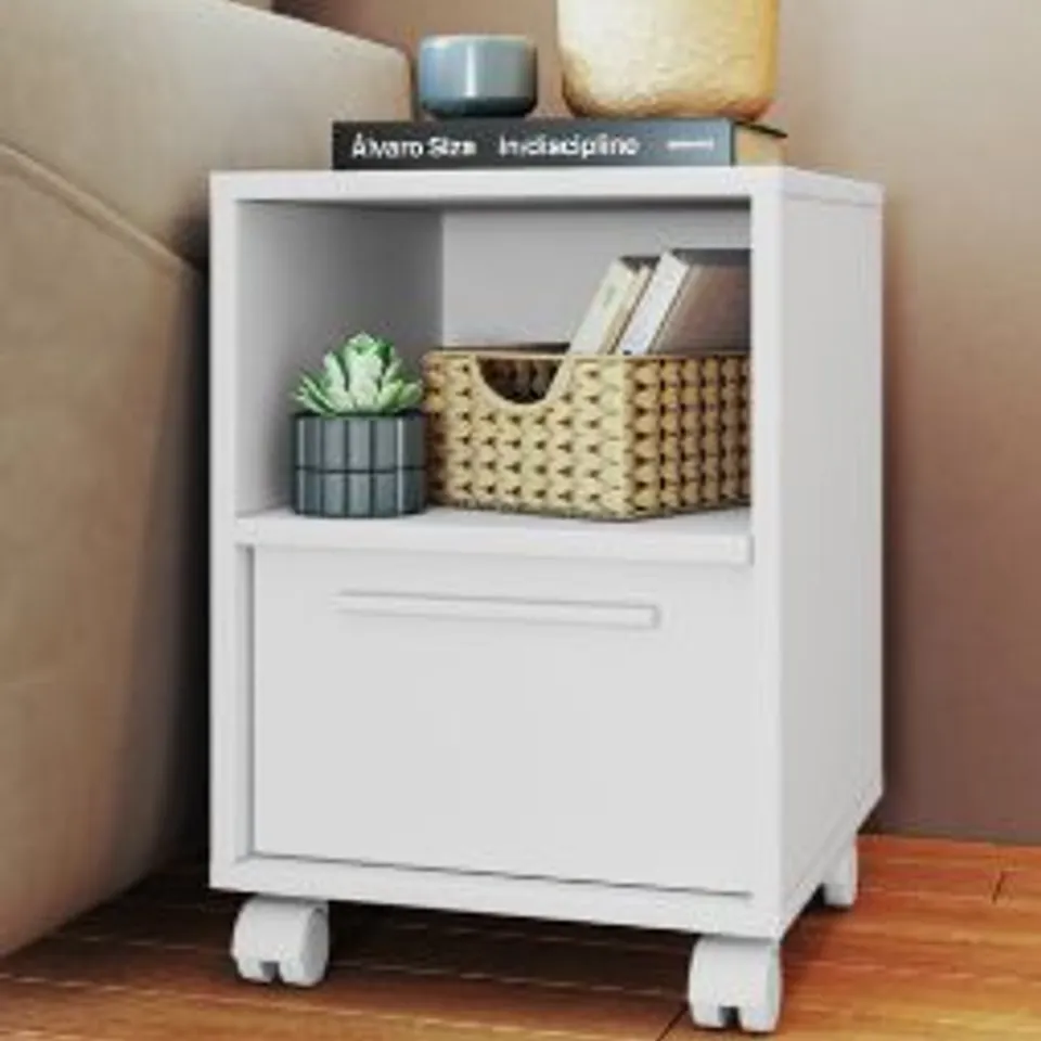 BRAND NEW BOXED REID WHITE SIDETABLE WITH WHEELS