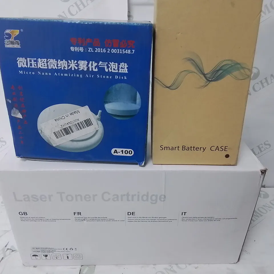 LOT OF 3 ASSORTED TECH ITEMS INCLUDES LASER TONER CARTRIDGE, MICRO NANO ATOMIZING AIR STONE DISK AND SMART BATTERY CASE