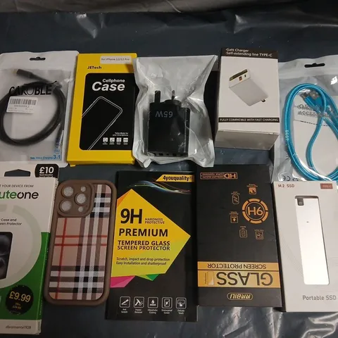 MIXED LOT OF MOBILE PHONE ACCESSORIES AND TECH GADGETS INCL. CASES, SCREEN PROTECTORS, CABLES, AND AN M.2 SSD