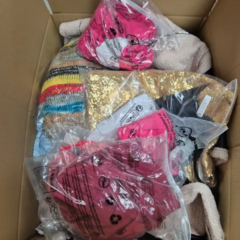 LARGE BOX OF ASSORTED CLOTHING ITEMS IN VARIOUS SIZES, STYLES AND COLOUR 