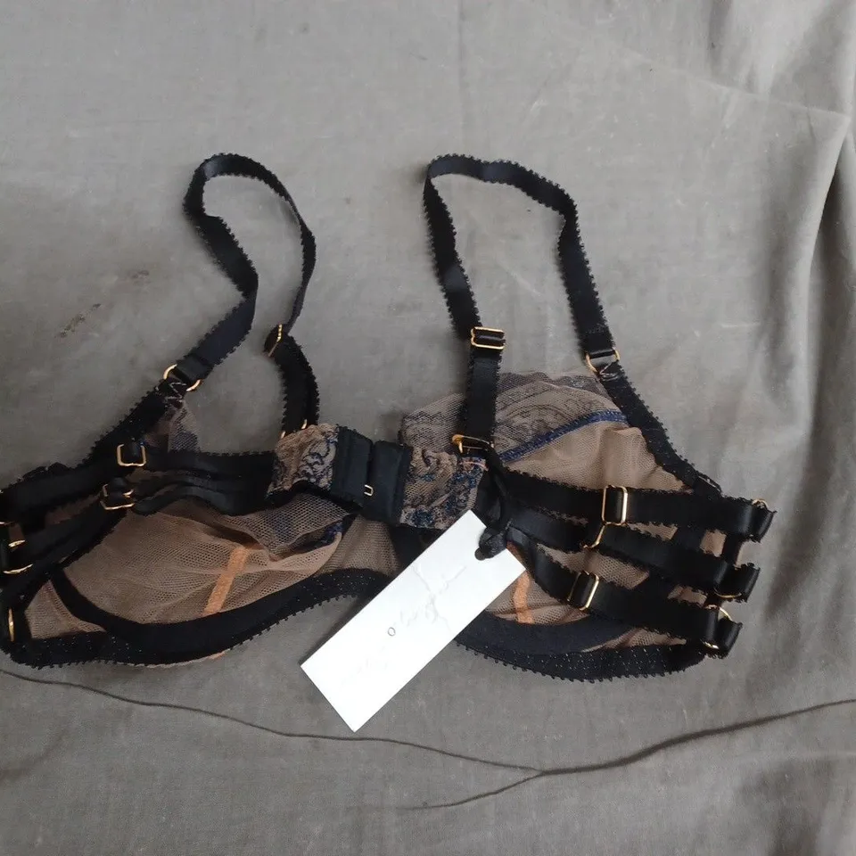 WOMEN'S BLUE LACE BRA WITH BEIGE MESH CUPS, BLACK STRAPS SIZE 4