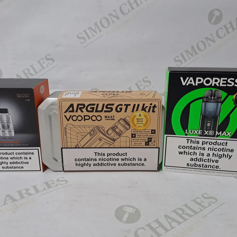 APPROXIMATELY 20 ASSORTED E-CIGARETTE PRODUCTS TO INCLUDE GEEKVAPE Z TOP AIRFLOW SUB-OHM TANK, VAPORESSO LUXE XR MAX, VOOPOO ARGUS GT II KIT
