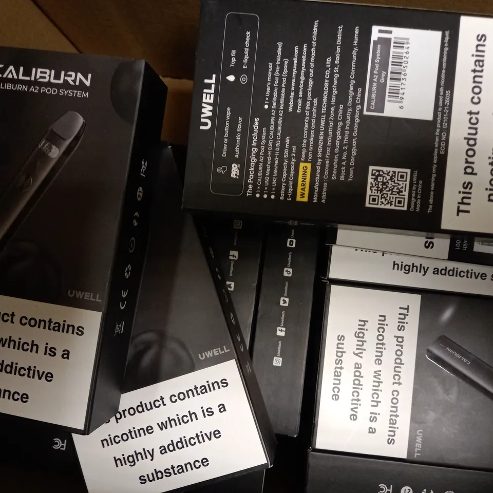 APPROXIMATELY 20 ASSORTED BOXED UWELL CALIBURN VAPING PRODUCTS TO INCLUDE A2, G2, GK2 POD SYSTEMS 