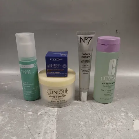 LOT OF 5 ASSORTED SKINCARE PRODUCTS TO INCLUDE - N07 FUTURE RENEW SERUM - L'OCCITANE PROACTIVE YOUTH SKINCARE - PAULA'S CHOICE 1% BHA SENSITIVE EXFOLIANT - ETC