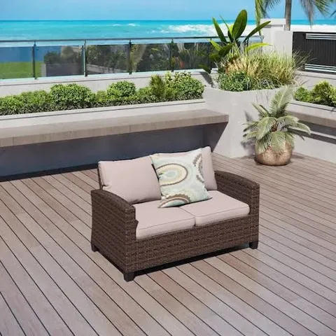 BOXED DARK BROWN RATTAN WICKER OUTDOOR PATIO LOVESEAT WITH BEIGE CUSHIONS