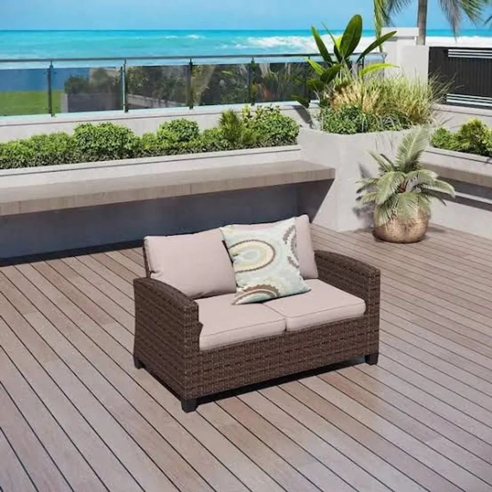 BOXED DARK BROWN RATTAN WICKER OUTDOOR PATIO LOVESEAT WITH BEIGE CUSHIONS
