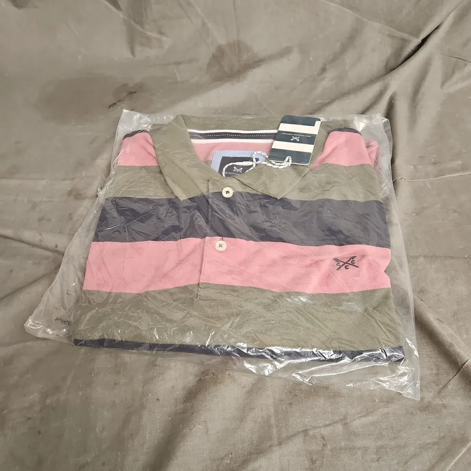 CREW CLOTHING COMPANY HAYNES POLO IN OLIVE/NAVY/ROSE SIZE XXL