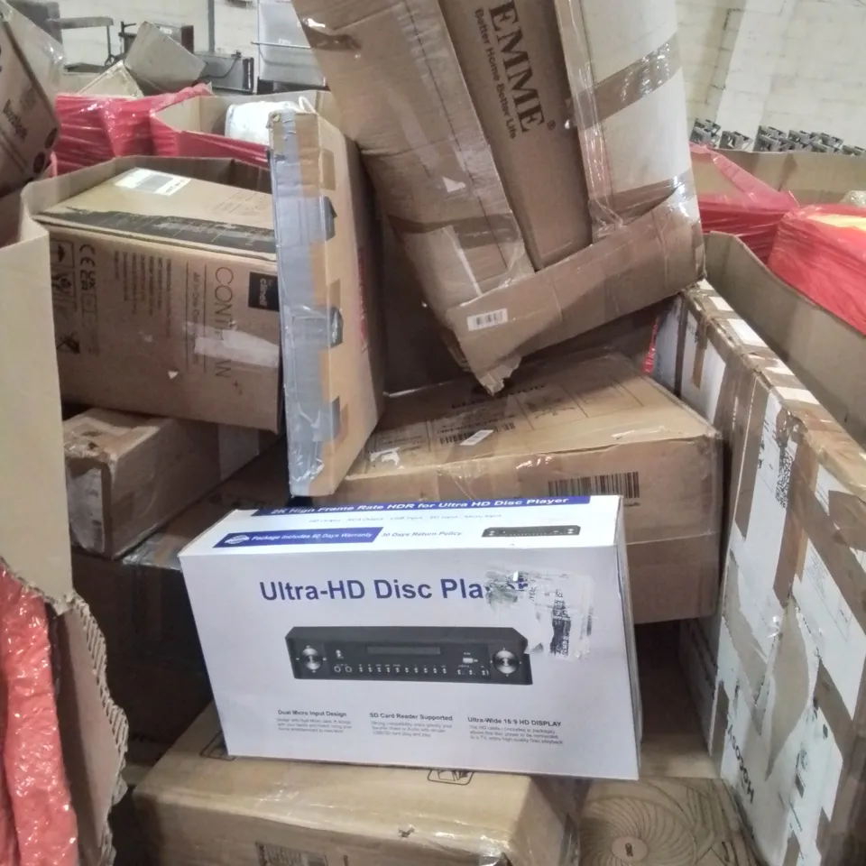 PALLET CONTAINING VARIOUS ASSORTED ITEMS TO INCLUDE: ULTRA HD DISC PLAYER,BLISSWOOD  OFFICE CHAIR, AIR CIRCULATION FANAND LOTS MORE UNMARKED BOXED ITEMS 