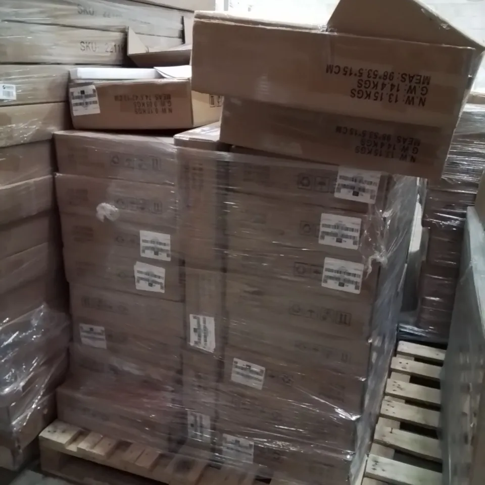 PALLET CONTAINING A LARGE QUANTITY OF FLATPACKED PRODUCTS TO INCLUDE;BEDSIDE TABLE WITH SOCKETS,ARC SHAPED COAT RACK