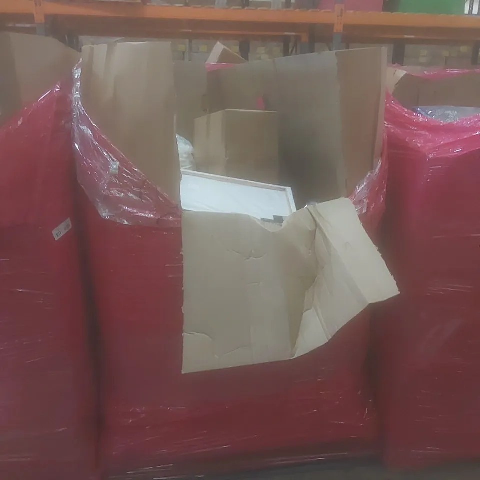 PALLET OF ASSORTED HOUSEHOLD ITEMS AND CONSUMER PRODUCTS TO INCLUDE; FOLDING TABLE, BATHROOM CABINET, WALL DECOR, UMBRELLA ETC