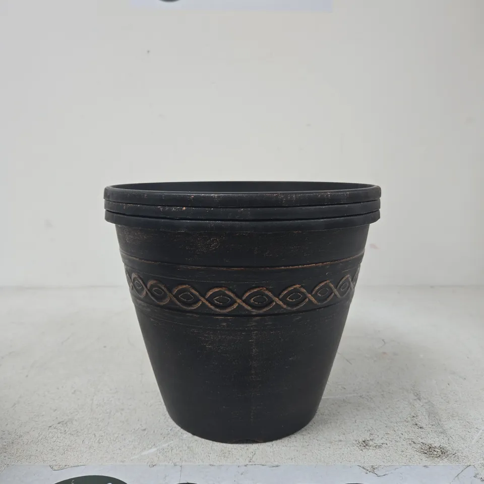 SET OF 3 BLACK CERAMIC GARDEN PLANTER POT WITH DECORATIVE BAND