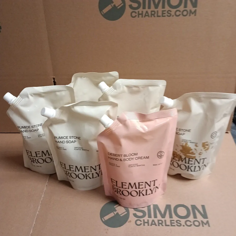 LOT OF 6 ELEMENT REFILL POUCHES 5 X PUMICE STONE HAND SOAP AND 1 X HAND AND BODY CREAM 500ML PER POUCH