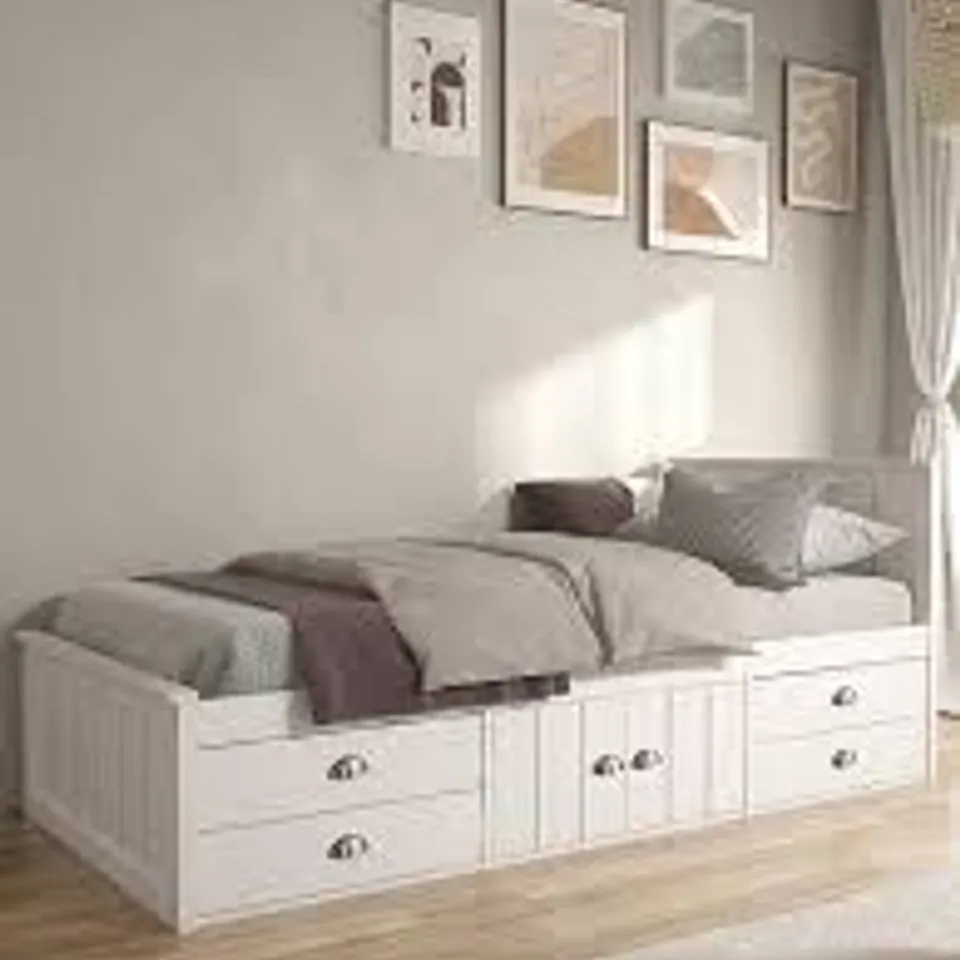 BOXED ATLANTA KIDS SINGLE BED WITH DRAWER AND CUPBOARD STORAGE - WHITE (2 BOXES)