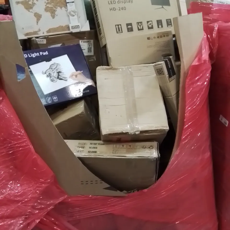 PALLET CONTAINING VARIOUS ASSORTED BOXED HOUSEHOLD ITEMS TO INCLUDE: PC MONITOR, WORLD TRAVEL MAP PIN BOARD, LED LIGHT PAD AND LOTS MORE UNMARKED BOXED ITEMS 
