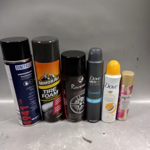 APPROXIMATELY 15 ASSORTED AEROSOLS TO INCLUDE DOVE DEODORANT, IMPULSE PINK SPRAY, TIRE FOAM ETC - COLLECTION ONLY 