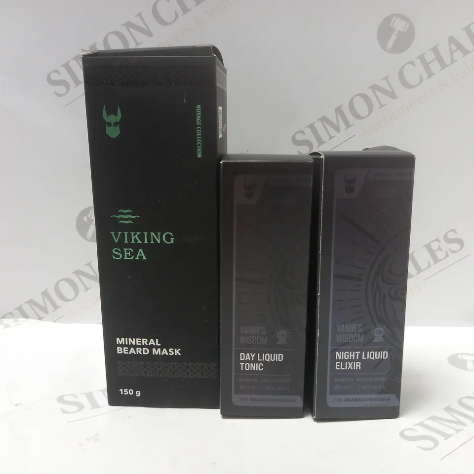 3 BOXED THE BEARD STRUGGLE PRODUCTS TO INCLUDE VIKING SEA BEARD MASK (150g), VANIR'S WISDOM DAY LIQUID TONIC (40ml), VANIR'S WISDOM NIGHT LIQUID ELIXIR (40Ml)