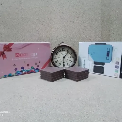 BOX TO CONTAIN ASSORTED HOUSEHOLD GOODS AND PRODUCTS TO INCLUDE; VINTAGE ALARM CLOCK, BRACELET MAKING KIT, KITCHEN SCALE