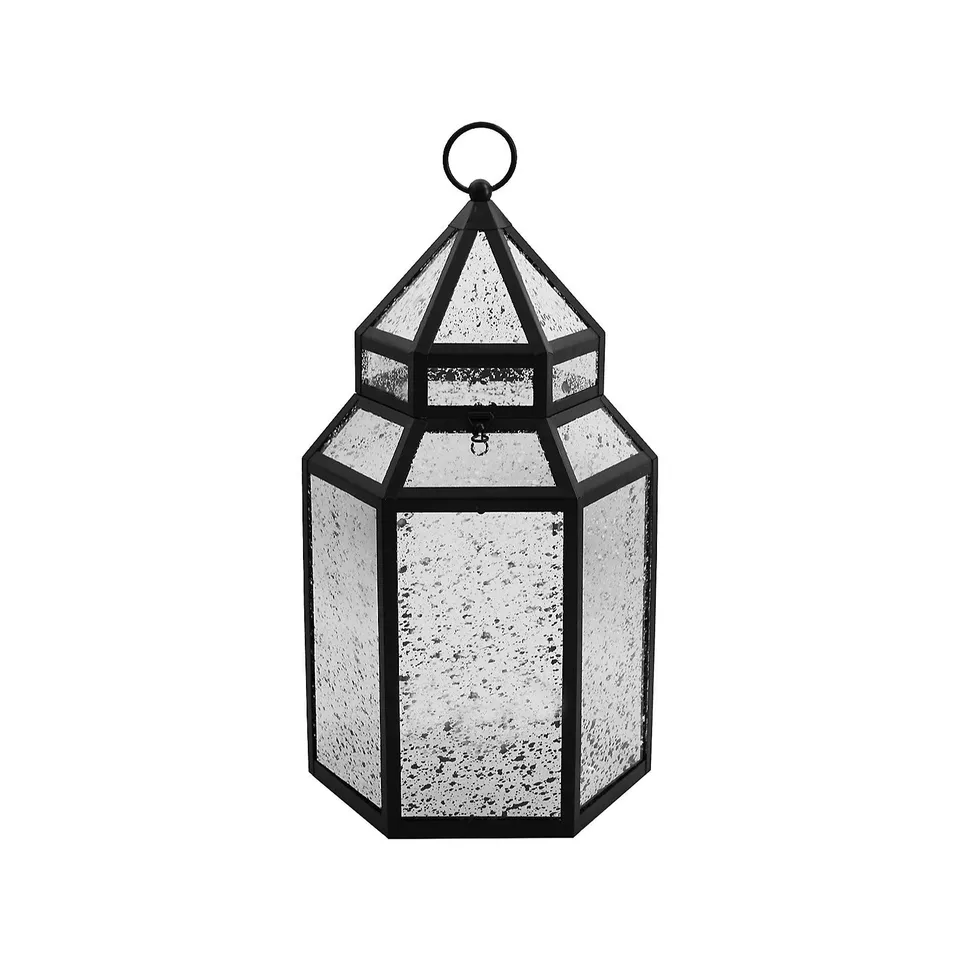 HOME STORIES MERCURY GLASS LARGE LANTERN WITH RICE LIGHTS.