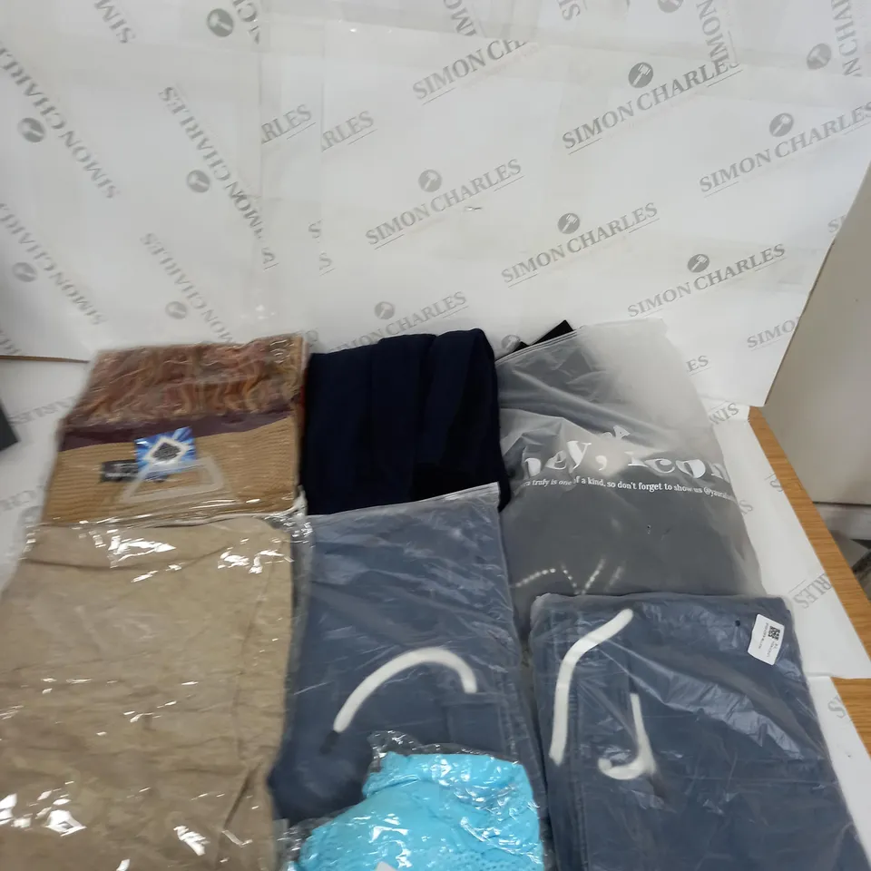 LARGE BOX OF ASSORTED CLOTHING ITEMS IN VARIOUS COLOURS AND SIZES INCLUDING TROUSERS , TOPS AND JUMPERS 