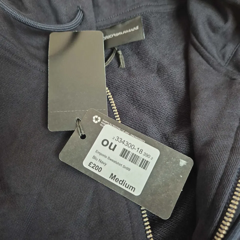 EMPORIO ARMANI NAVY ZIP HOODIE – MEN’S, UK SIZE M (MEDIUM), WITH TAGS
