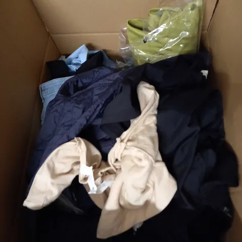BOX OF ASSORTED CLOTHING ITEMS TOO INCLUDE DRESSES , SHIRTS AND TROUSERS IN VARIOUS SIZES AND COLOURS