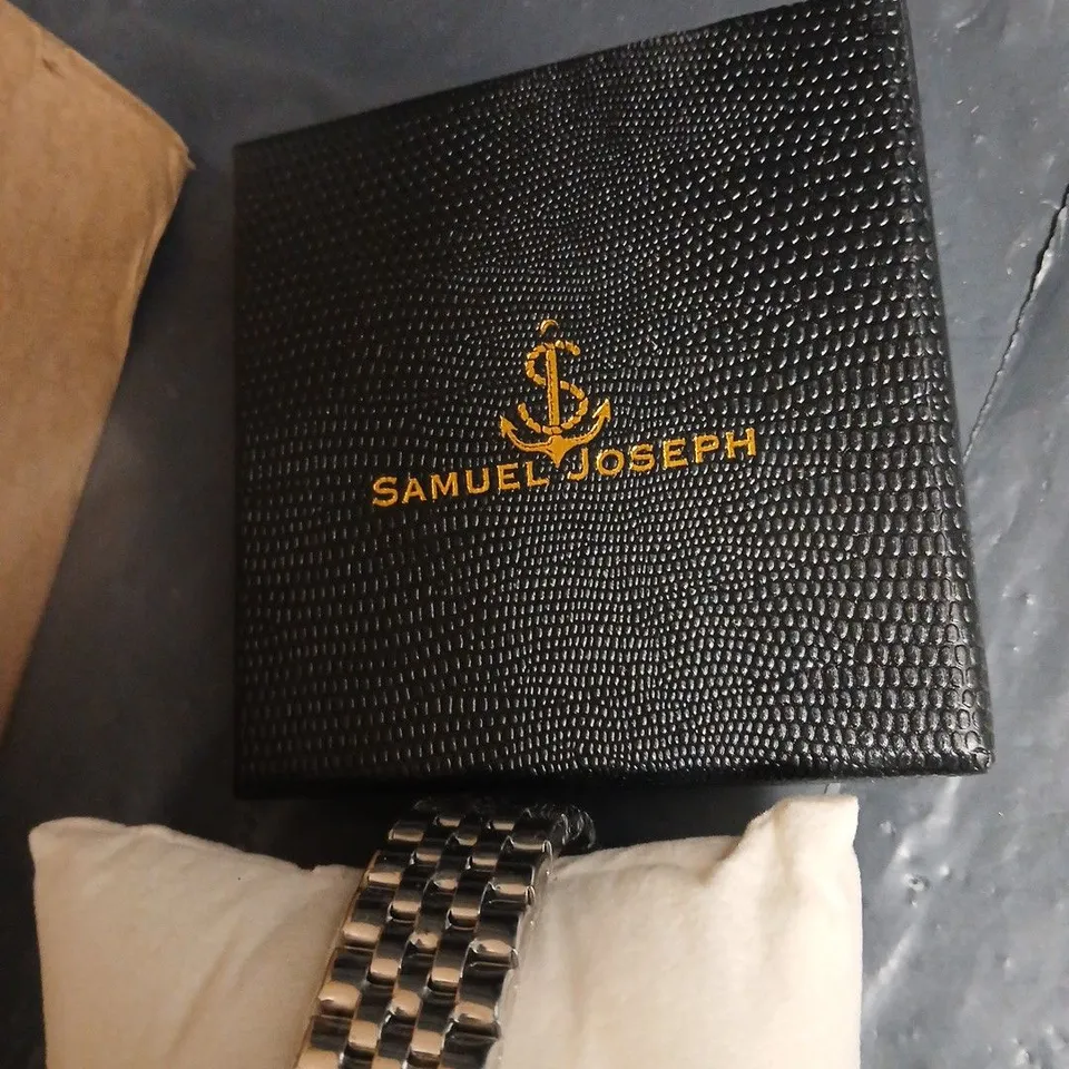 SAMUEL JOSEPH SKELETON DIAL STAINLESS STEEL BRACELET WRISTWATCH – BOXED