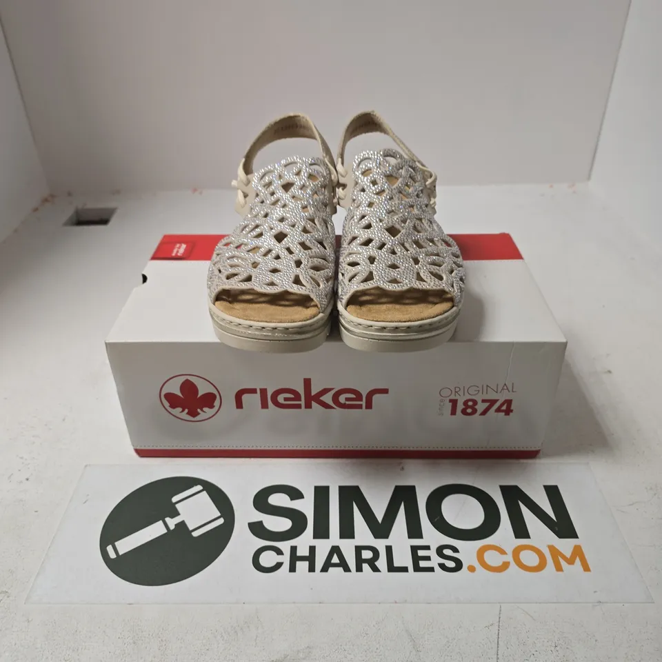 BOXED PAIR OF RIEKER WOMEN'S 67465 WEDGE SANDALS IN BEIGE - UK 3.5