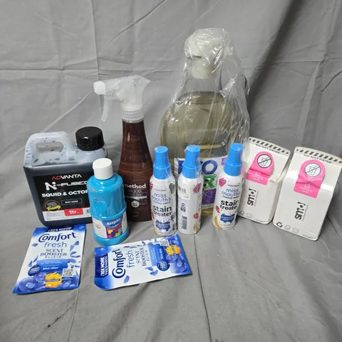 APPROXIMATELY 12 ASSORTED LIQUIDS TO INCLUDE SMOL WASHING UP LIQUID, COMFORT FRESH SCENT BOOSTER ELIXR, ADVANTA BAIT SOAK, ETC