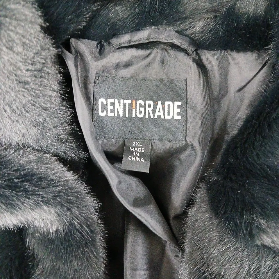 TWO ITEMS: SOFT GREY COZY HEATED THROW WITH POWER CONTROLS AND CENTRIGRADE FAUX FUR COAT SIZE 2XL