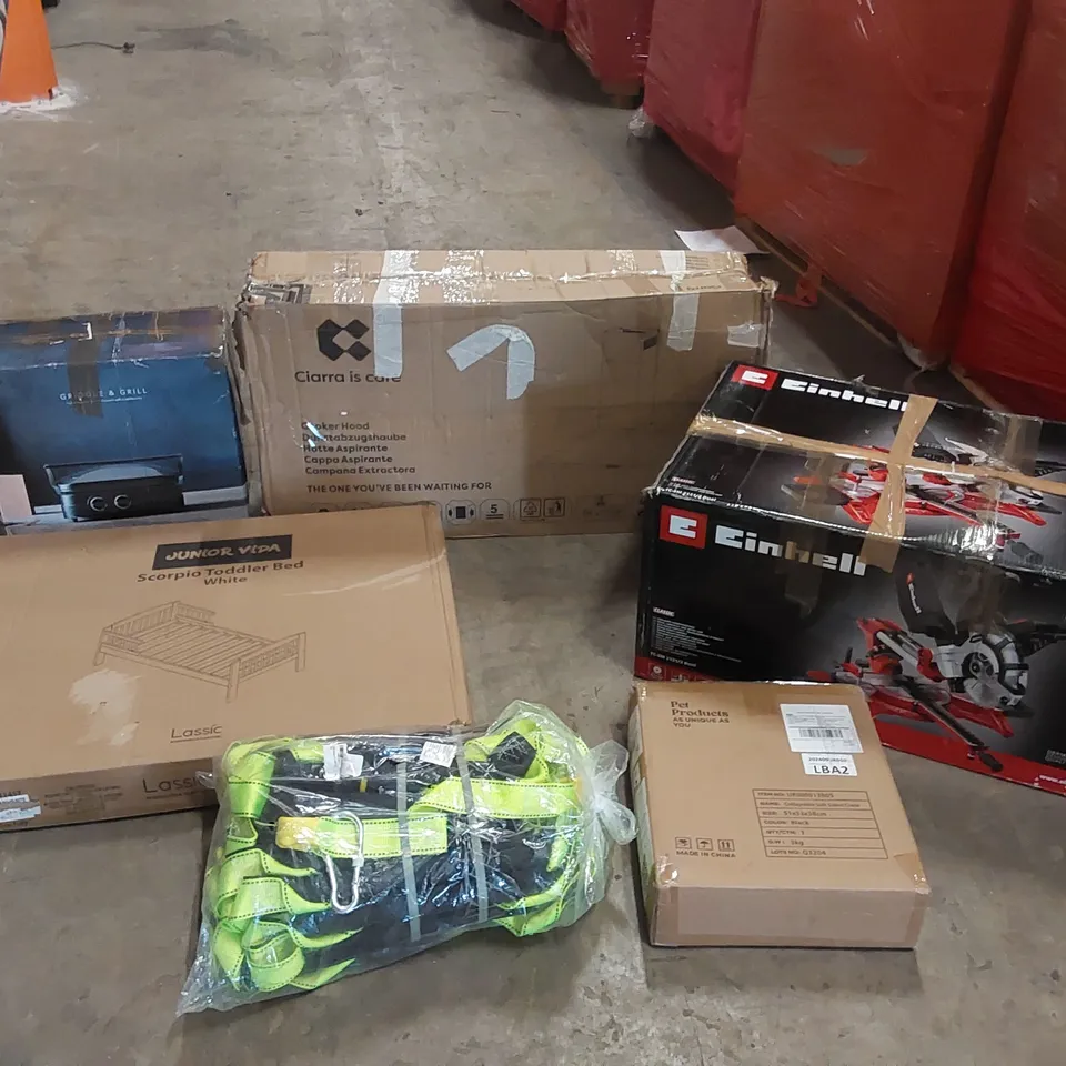 PALLET OF ASSORTED ITEMS INCLUDING: EINHELL CROSSCUT AND MITRE SAW, COOKER HOOD, TODDLER BED, GRIDDLE & GRILL, SOFT PET CRATE, FIRE ESCAPE LADDER ECT