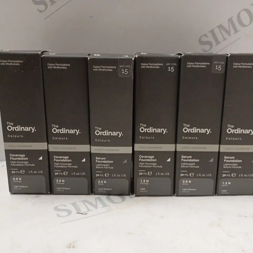 6 BOXED THE ORDINARY PRODUCTS TO INCLUDE 3 SERUM FOUNDATION, 3 COVERAGE FOUNDATION
