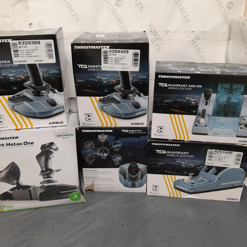 6 ASSORTED THRUSTMASTER GAMING EQUIPMENT TO INCLUDE SIDESTICK, FLIGHT HOTAS ONE, AND ARBUS QUADRANT ETC. 