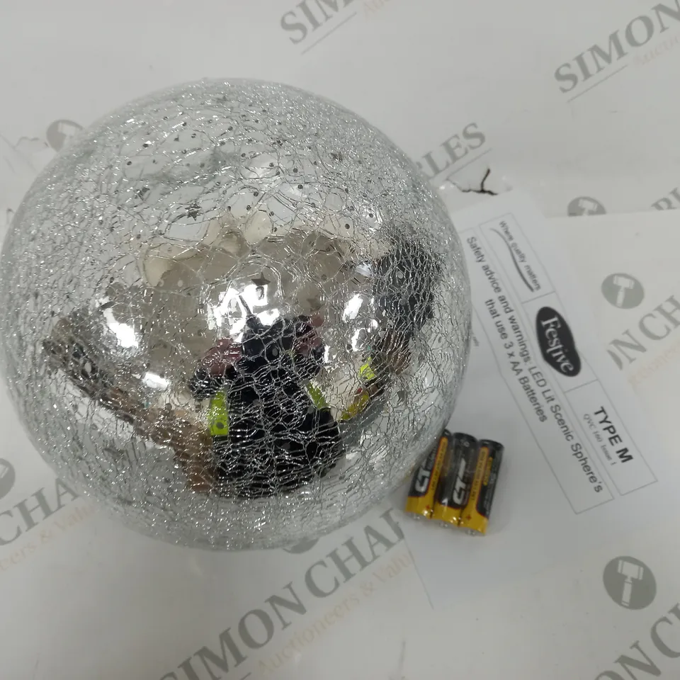 FESTIVE PRE-LIT MIRRORED SCENIC CRACKLE GLASS SPHERE