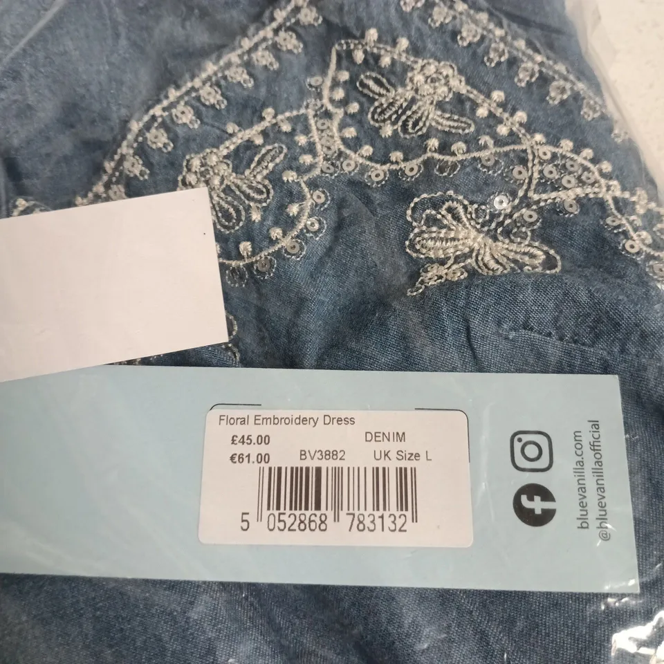 BLUE VANILLA FLORAL EMBROIDERY DRESS – DENIM, UK SIZE L