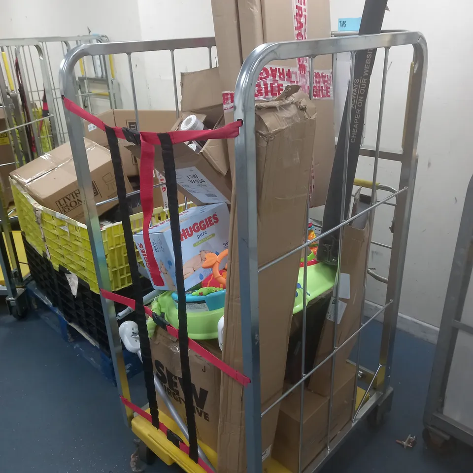 CAGE OF ASSORTED HOUSEHOLD ITEMS TO INCLUDE STIHL TS410, ARTHOUSE WALL PAPER ROLLS, HUGGIES PURE PLASTIC WIPES, FISHERPRICE BABY ACTIVITY STATION, AND VARIED PHOTOFRAMES ETC. 