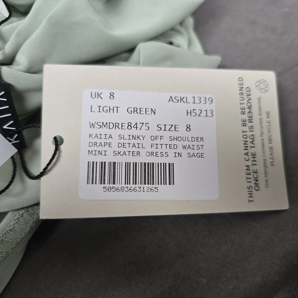 KAIA SLINKY OFF-SHOULDER DRAPE DETAIL MINI SKATER DRESS – SAGE, UK 8