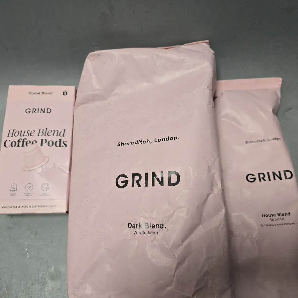 APPROXIMATELY 7 ASSORTED DRINKS ITEMS TO INCLUDE - GRIND HOUSE BLEND , GRIND DARK BLEND ETC