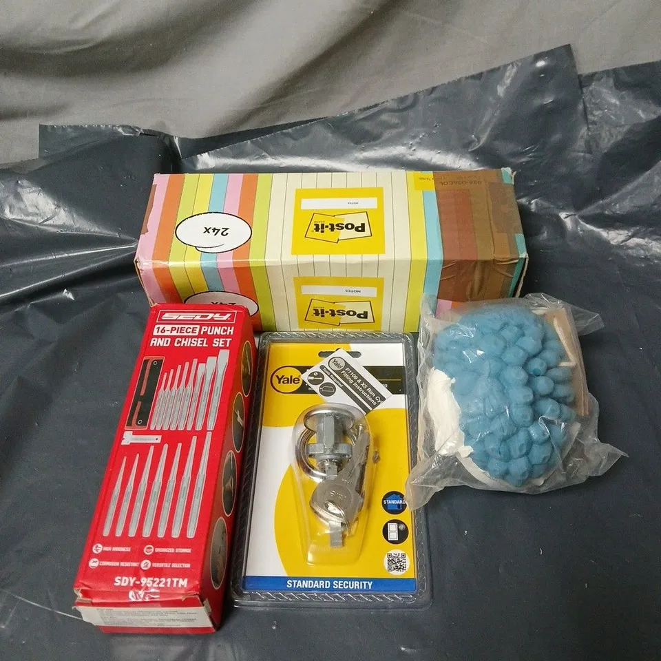 APPROXIMATELY 12 ASSORTED HOUSEHOLD ITEMS TO INCLUDE POST IT NOTES,16 PIECE CHISEL SET, YALE RIM CYLINDER, DOG CHEW TOY ETC