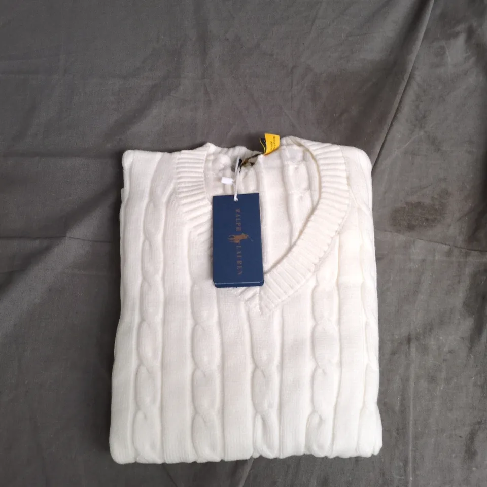 POLO RALPH LAUREN WHITE CABLE KNIT SWEATER UK M