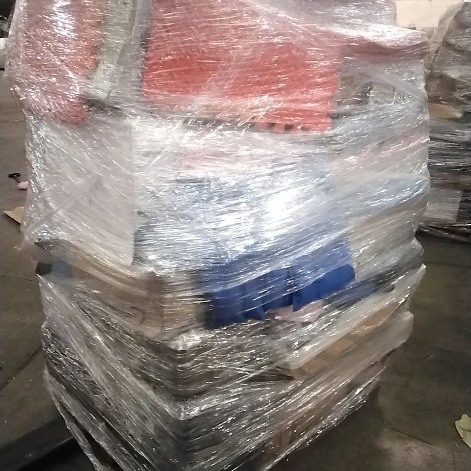 PALLET CONTAINING A LARGE QUANTITY OF ASSORTED HOUSEHOLD GOODS WHICH INCLUDE; FANS, SUITCASES, PARASOLS, CHAIRS, PLAYPEN ETC