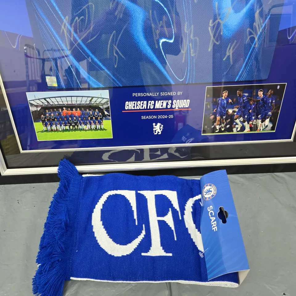 FRAMED CHELSEA FOOTBALL CLUB SIGNATURE SHIRT SEASON 24-25 WITH SCARF - COLLECTION ONLY 