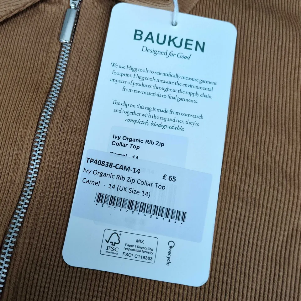 BAUKEN OVY ORGANIC RIB ZIP COLLAR TOP IN CAMEL - SIZE 14