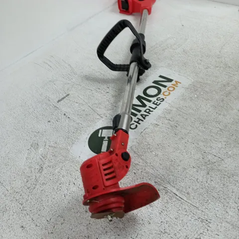 Red garden edger/brush cutter with dual-blade head