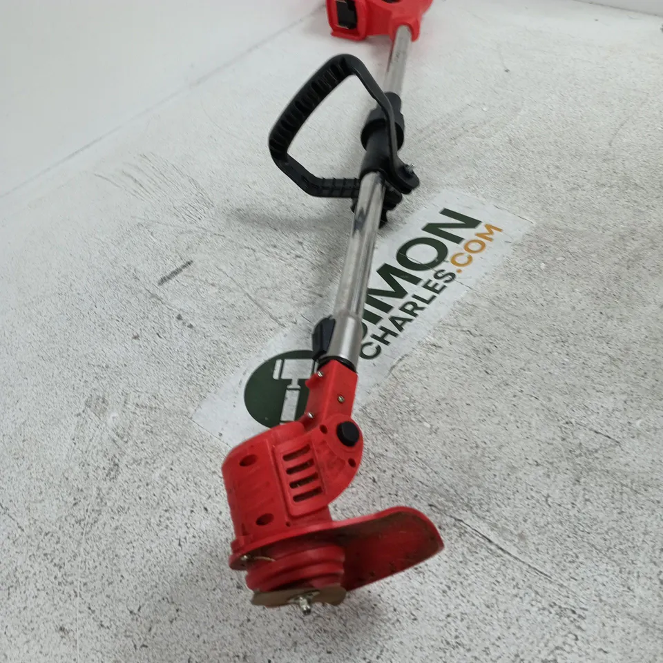 Red garden edger/brush cutter with dual-blade head