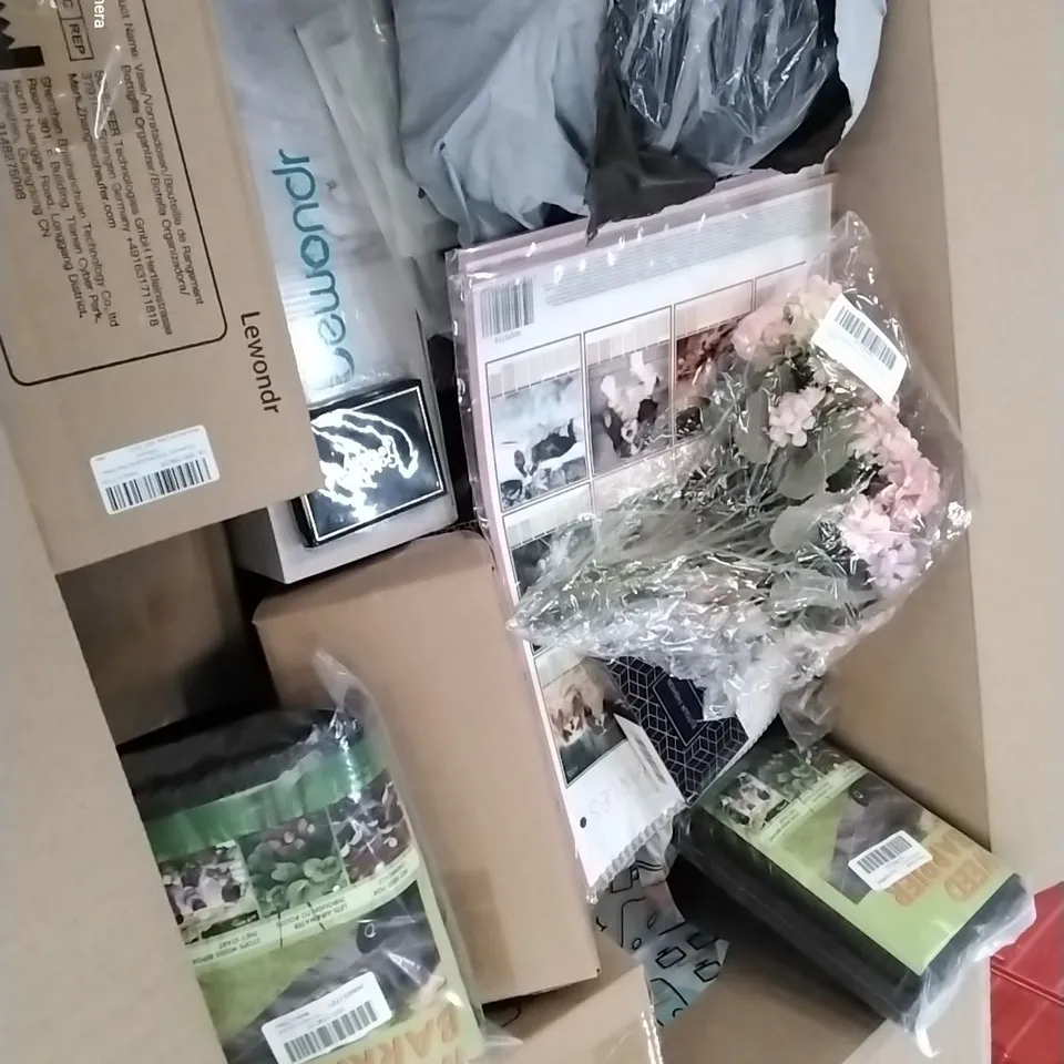 PALLET CONTAINING 6 BOXES IF ASSORTED HOUSEHOLD ITEMS TO INCLUDE BIXED VASES, WEED BARRIERS AND LED SPORTSBALL