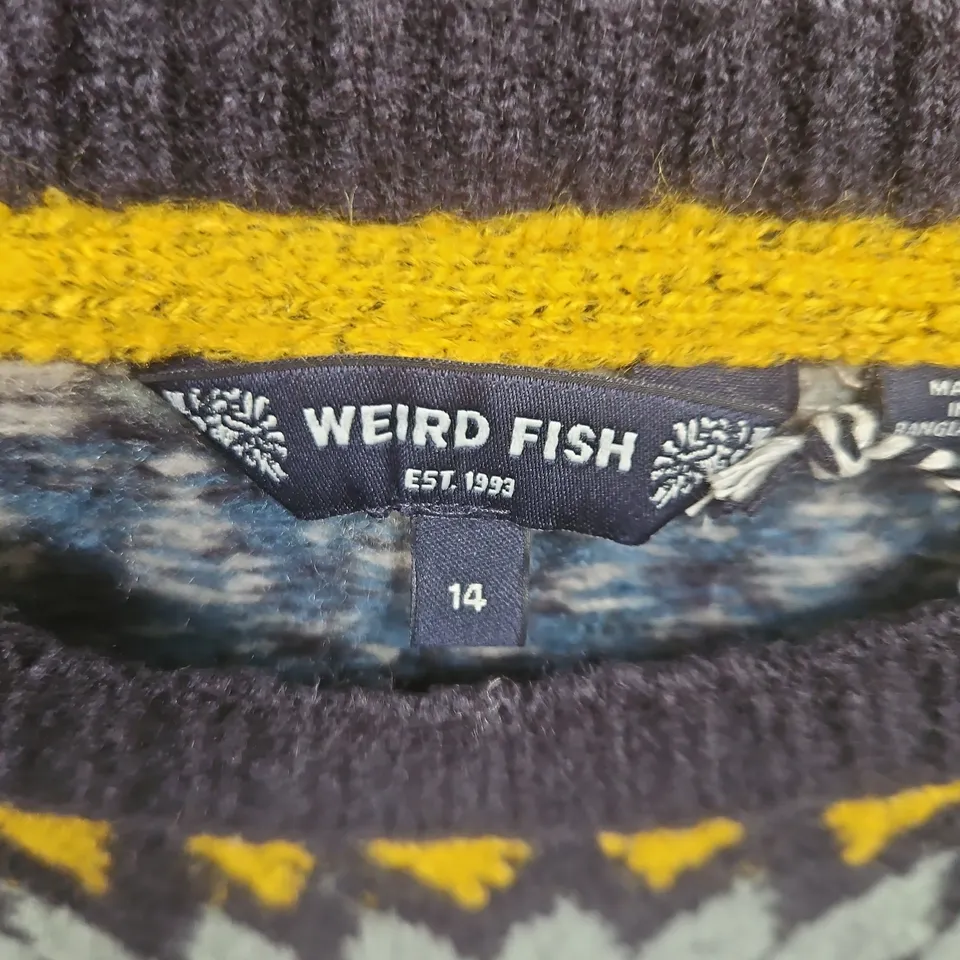 WEIRD FISH KNIT JUMPER – NAVY, GREY, WHITE & YELLOW GEOMETRIC PATTERN, UK 14