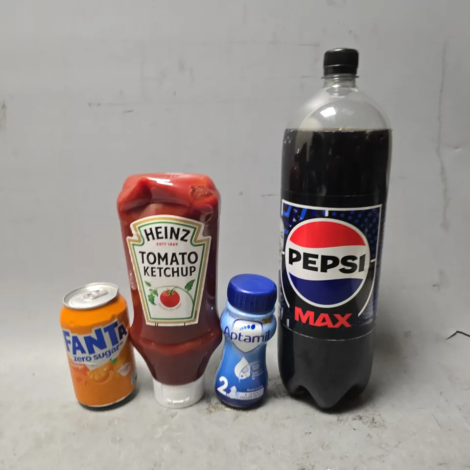 APPROXIMATELY 7 ASSORTED FOOD & DRINK ITEMS TO INCLUDE - HEINZ TOMATO KETCHUP , FANTA ORANGE , PEPSI MAX ETC