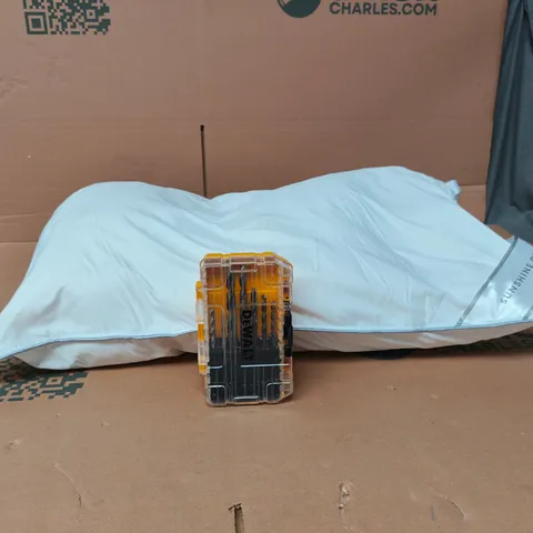 BOX OF APPROXIMATELY 25 ASSORTED ITEMS TO INCLUDE PILLOW, DE WALT TOOLS ETC