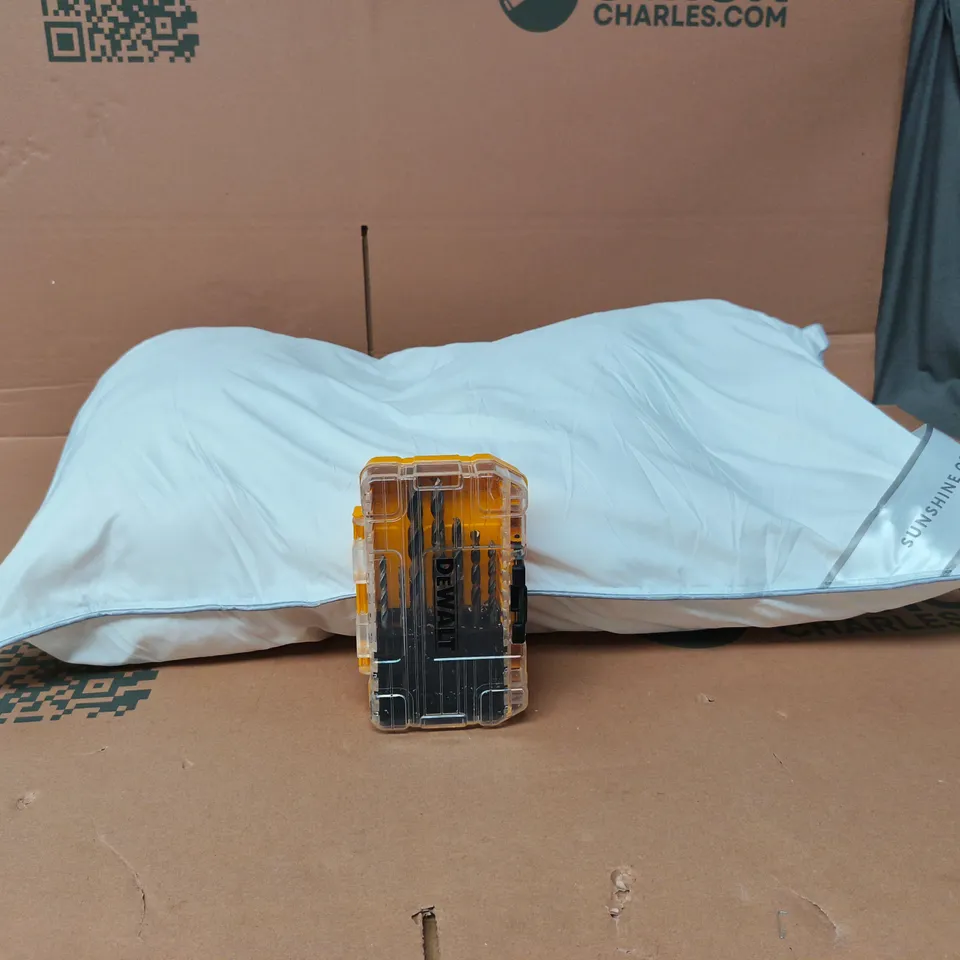 BOX OF APPROXIMATELY 25 ASSORTED ITEMS TO INCLUDE PILLOW, DE WALT TOOLS ETC